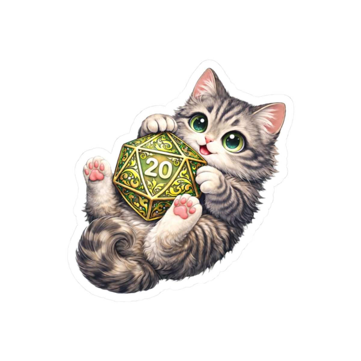 DnD Silver Tabby Cat D20 Dice Sticker | Cute Gamer Vinyl Decal - alternate angle 3, merchandise