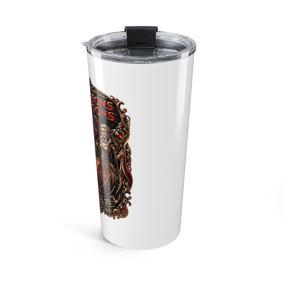 A stainless steel YETI tumbler with a copper handle, featuring a detailed design of a dragon, dice, and the words "DUNGEONS & DRAGONS." The tumbler is surrounded by dice, coins, and scrolls on a... - alternate angle 2, merchandise