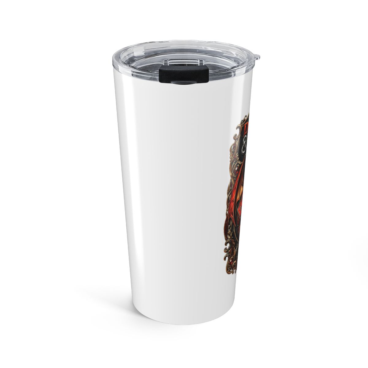 A stainless steel YETI tumbler with a copper handle, featuring a detailed design of a dragon, dice, and the words "DUNGEONS & DRAGONS." The tumbler is surrounded by dice, coins, and scrolls on a... - alternate angle 1, merchandise