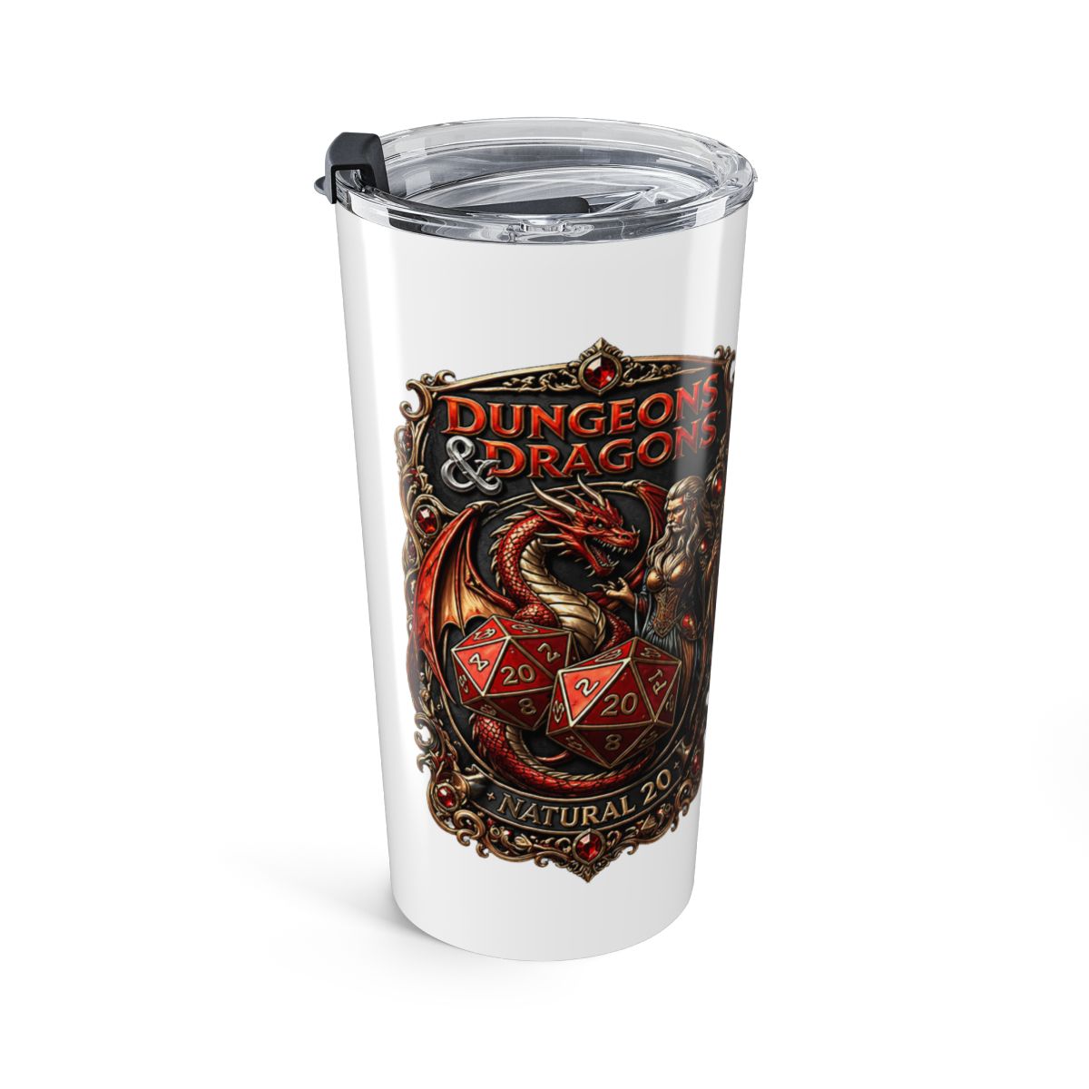 A stainless steel YETI tumbler with a copper handle, featuring a detailed design of a dragon, dice, and the words "DUNGEONS & DRAGONS." The tumbler is surrounded by dice, coins, and scrolls on a...