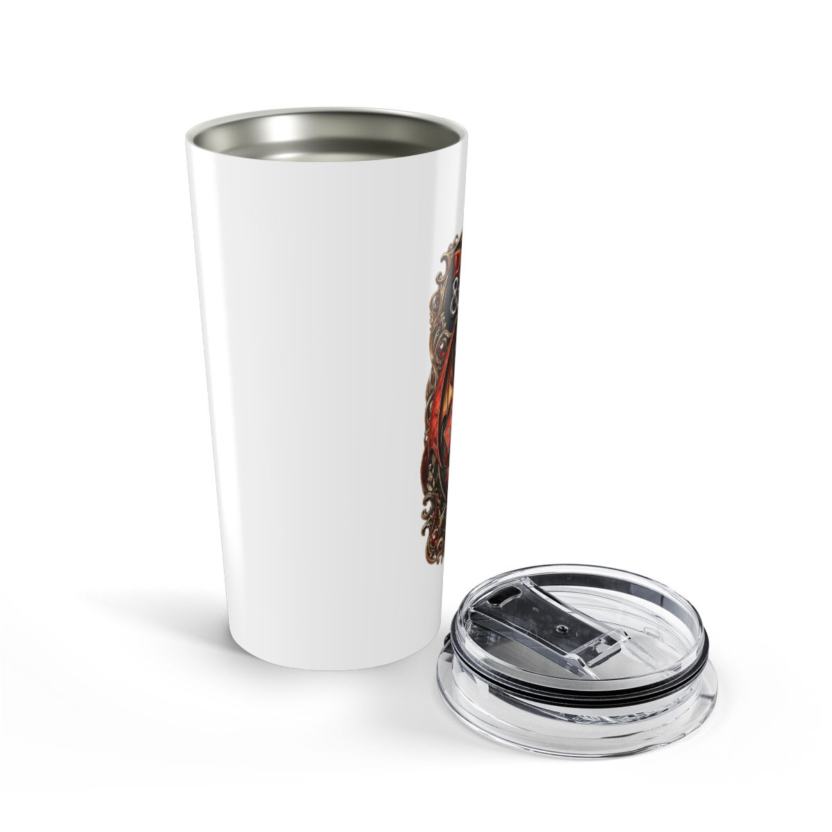 A stainless steel YETI tumbler with a copper handle, featuring a detailed design of a dragon, dice, and the words "DUNGEONS & DRAGONS." The tumbler is surrounded by dice, coins, and scrolls on a... - alternate angle 4, merchandise