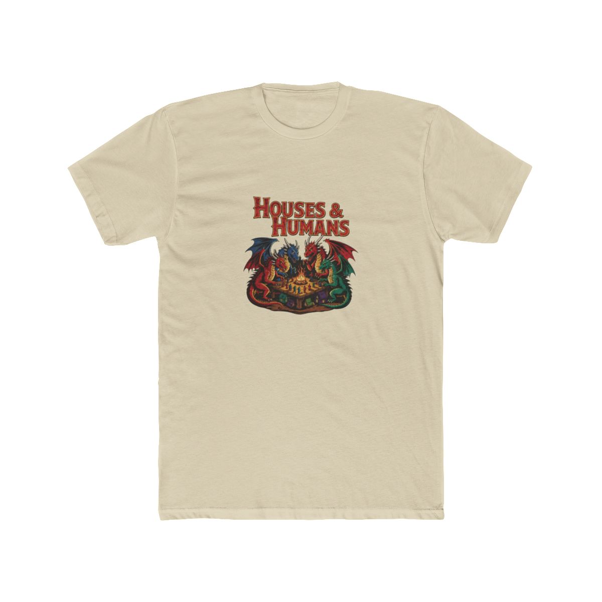 Black T Shirt with the text "HOUSES & HUMANS" and a fantasy illustration. The graphic shows four dragons, red, blue, and green, gathered around a table with a game board. The dragons have detailed...