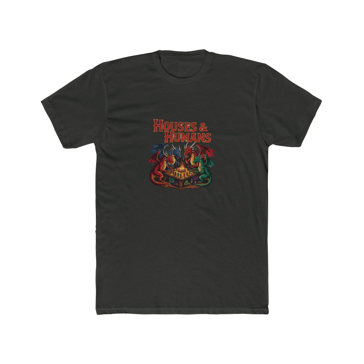 Black T Shirt with the text "HOUSES & HUMANS" and a fantasy illustration. The graphic shows four dragons, red, blue, and green, gathered around a table with a game board. The dragons have detailed... - alternate angle 2, merchandise