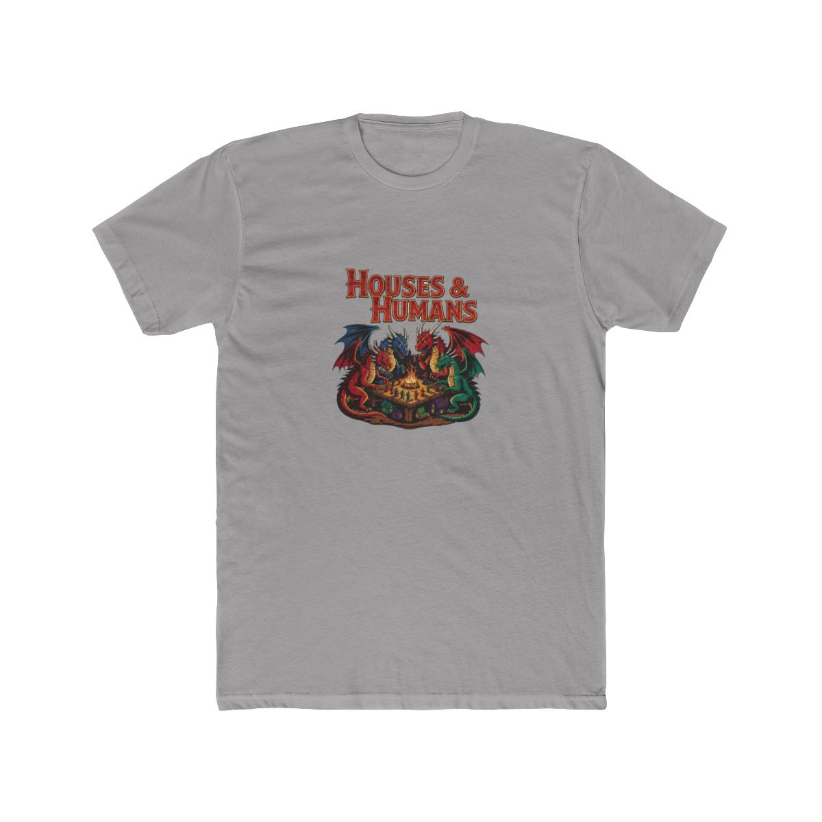 Black T Shirt with the text "HOUSES & HUMANS" and a fantasy illustration. The graphic shows four dragons, red, blue, and green, gathered around a table with a game board. The dragons have detailed... - alternate angle 5, merchandise