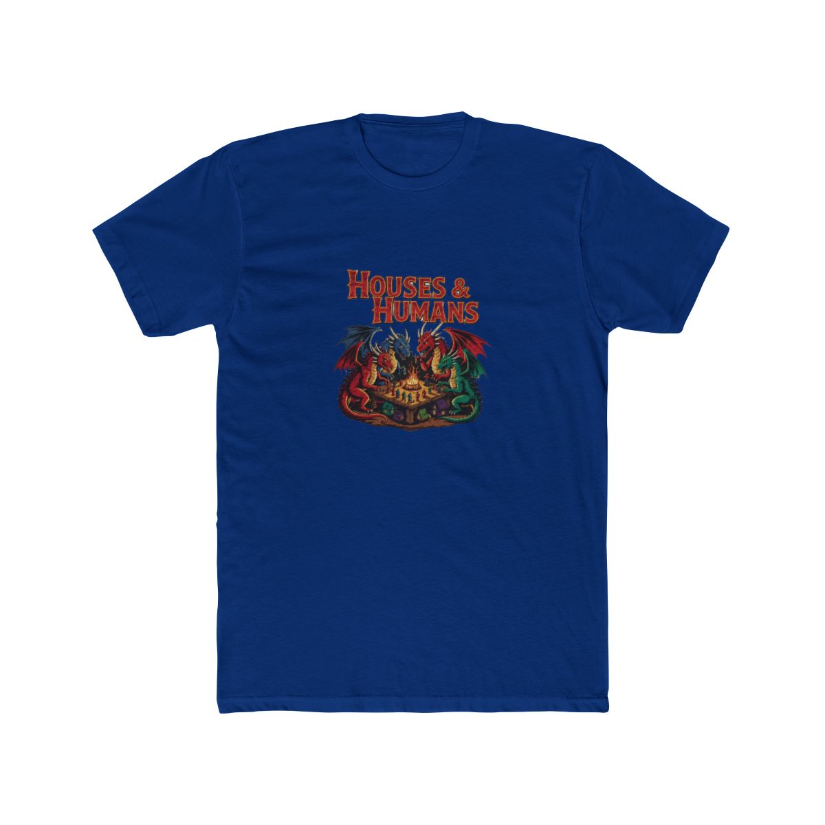Black T Shirt with the text "HOUSES & HUMANS" and a fantasy illustration. The graphic shows four dragons, red, blue, and green, gathered around a table with a game board. The dragons have detailed... - alternate angle 3, merchandise